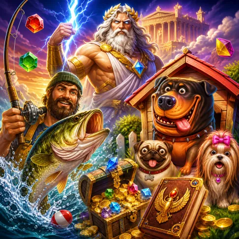Illustration of fantasy slot game characters and environments featuring mythological creatures and treasures.